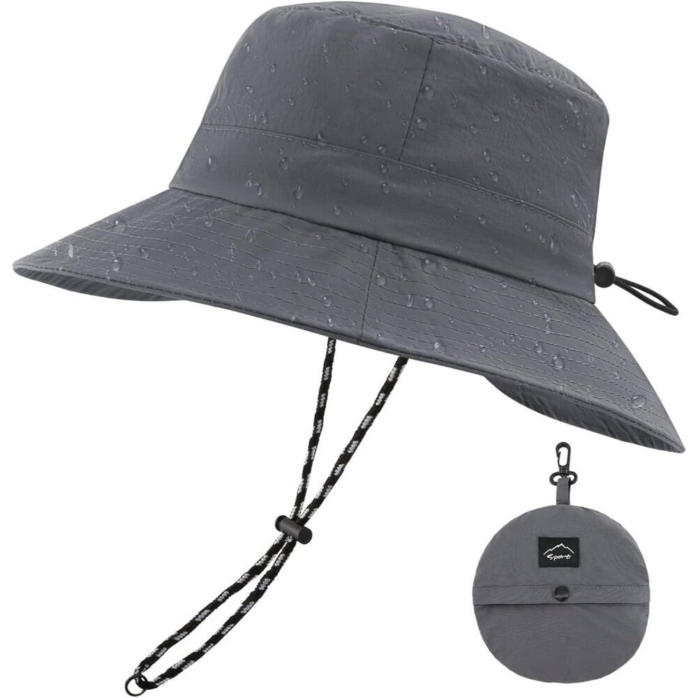 Unisex Gray 100% Nylon Waterproof Wide Brim Mesh Vent Chin Strap Bucket Hat